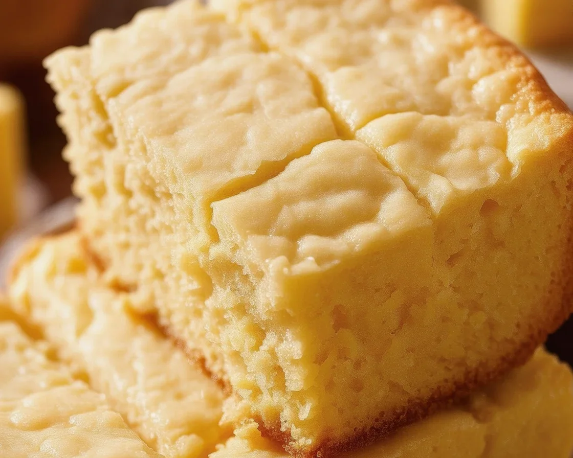 Delicious homemade cornbread, moist and buttery with a crisp edge, served warm.