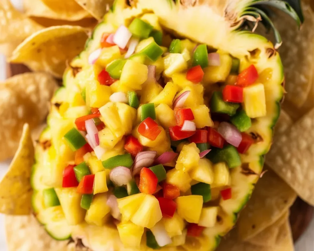 Spicy pineapple salsa served with crispy tortilla chips in a vibrant bowl.