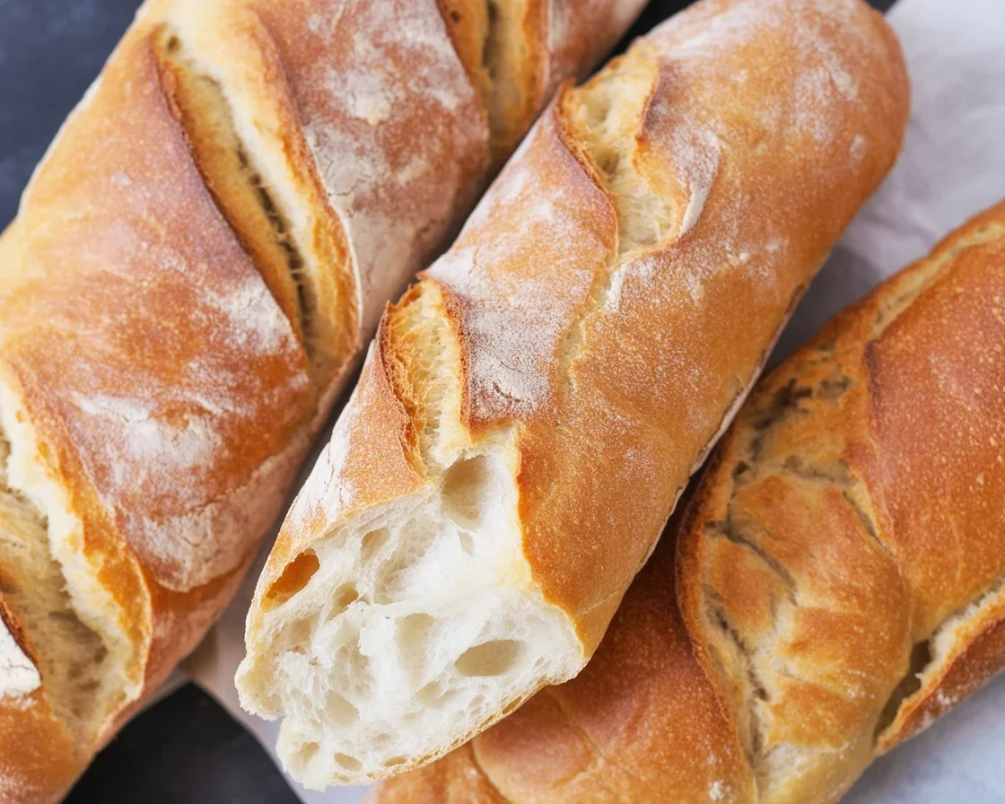 Homemade French baguettes with crispy crust and soft interior, freshly baked.