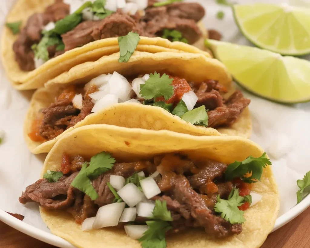 Delicious Street-style Carne Asada Tacos topped with cilantro and onions.