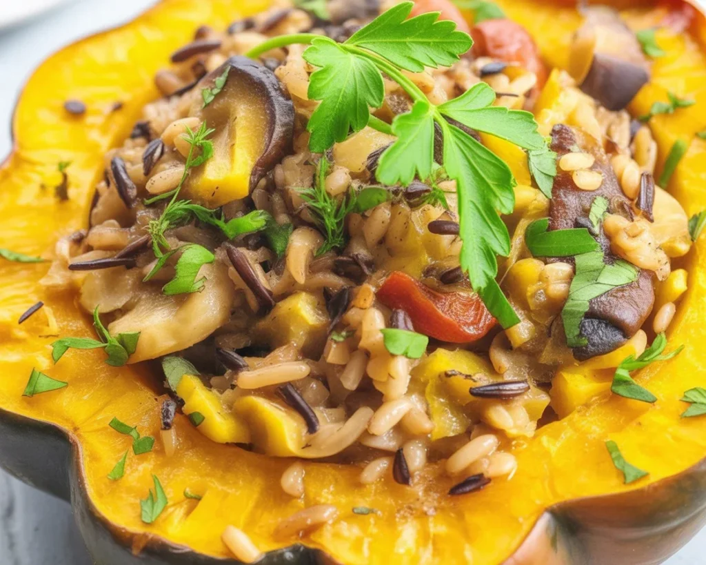 Baked Stuffed Acorn Squash with Wild Rice, cranberries, and nuts.