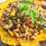 Baked Stuffed Acorn Squash with Wild Rice, cranberries, and nuts.