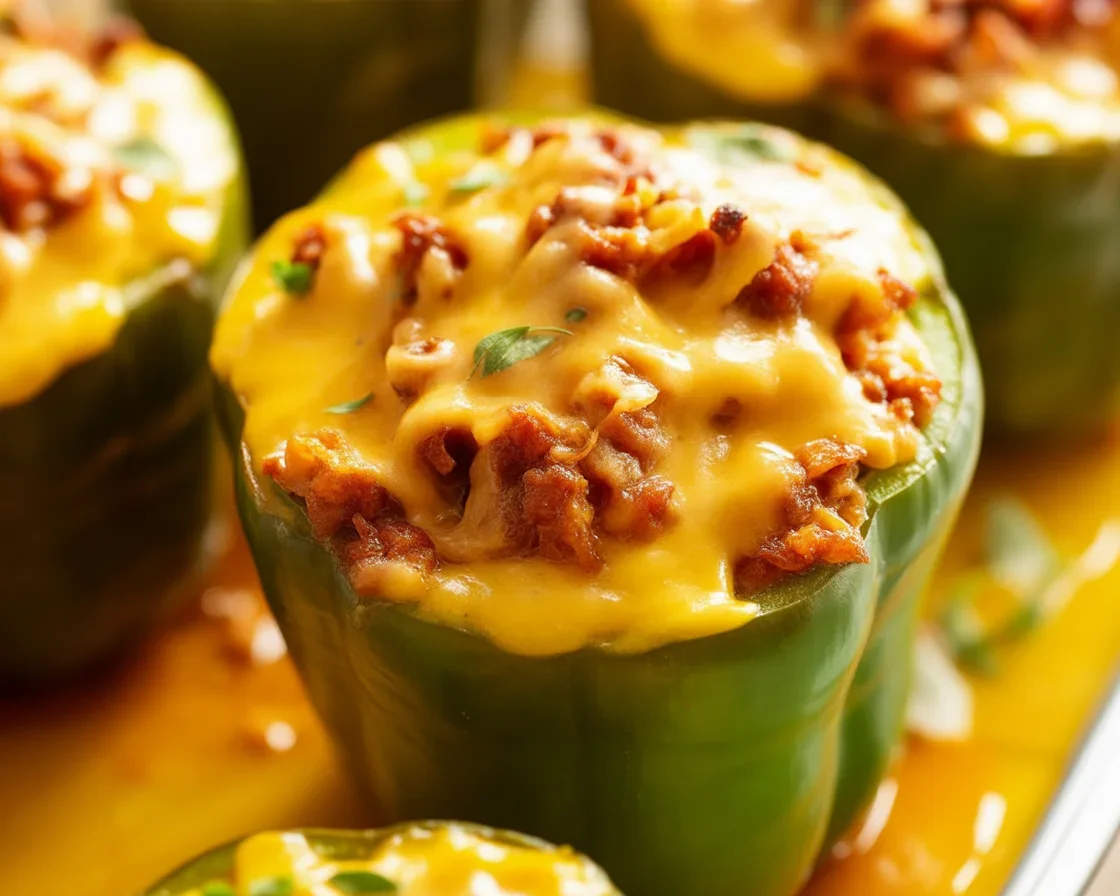 Delicious stuffed bell peppers filled with seasoned ground beef, rice, and cheese