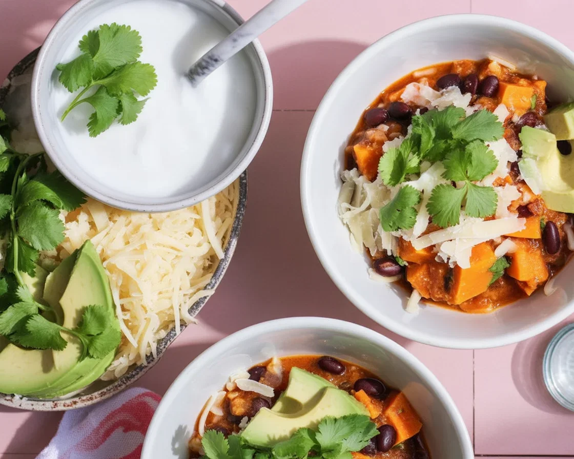 Bowl of Sweet Potato Black Bean Chili topped with avocado and cilantro.