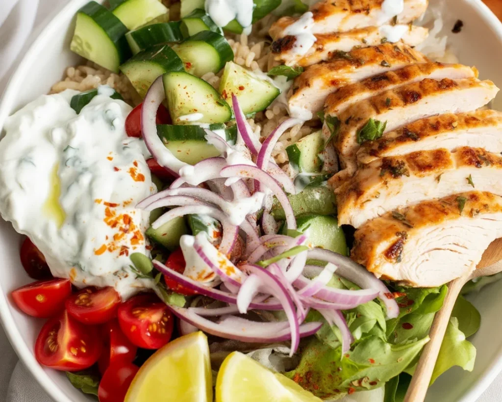 Delicious Greek Chicken Bowl with grilled chicken, fresh vegetables, and feta cheese