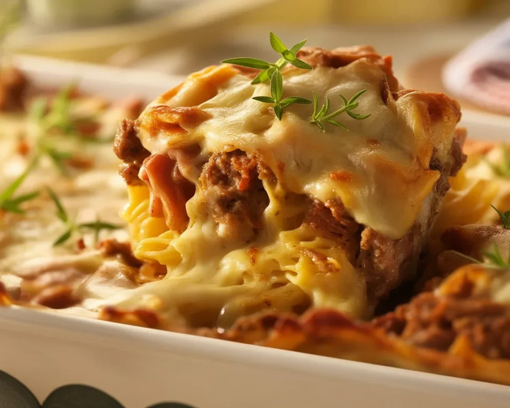 Delicious Million Dollar Spaghetti with creamy cheese and rich meat sauce