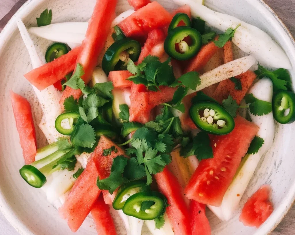 Refreshing Watermelon Jicama Salad with Tajín garnished with herbs on a plate