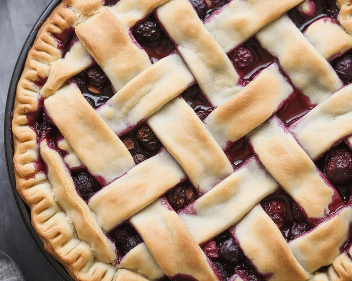 Delicious slice of Wild Berry Pie with a colorful berry filling of blueberries and raspberries.