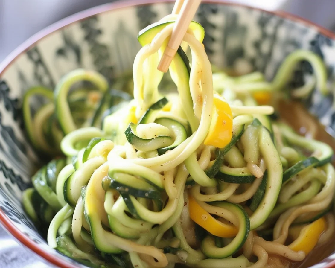 Zoodle Sesame dish with zucchini noodles, crispy tofu, and sesame sauce.